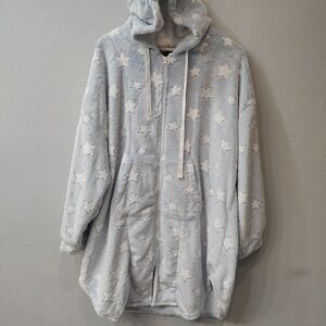 Cuddl Duds Blue White Star Fleece Hooded Full Zip Pajamas Sleepwear Women Sz XL